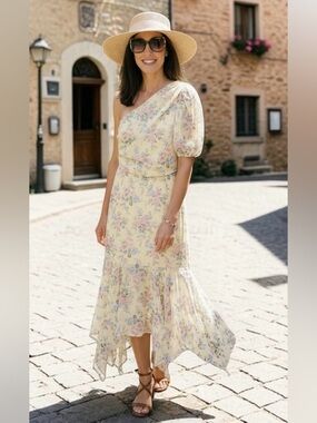 One Shoulder Floral Midi Dress Yellow Asymmetrical Wedding Guest S NWT 💛